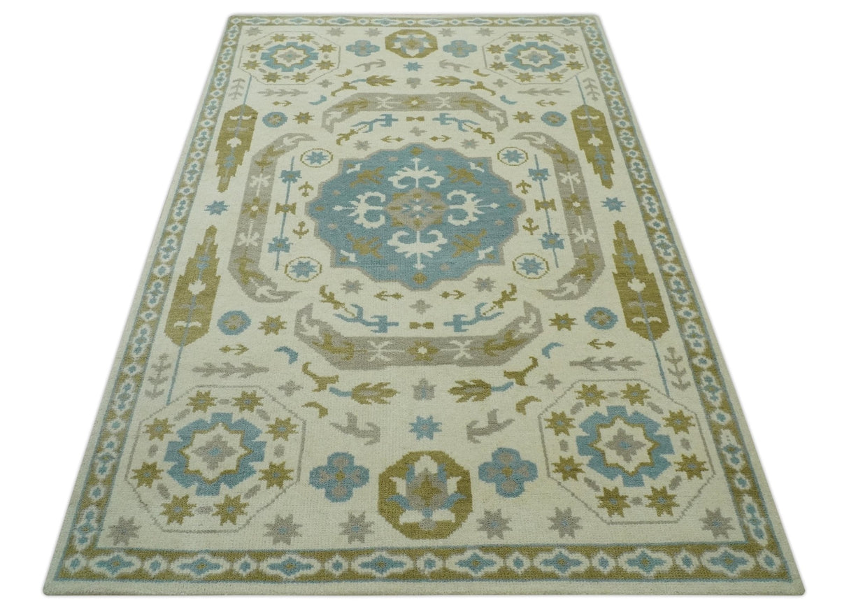 Custom Made Ivory, Olive and Teal Hand Knotted Traditional Medallion Mamluk Design wool Rug