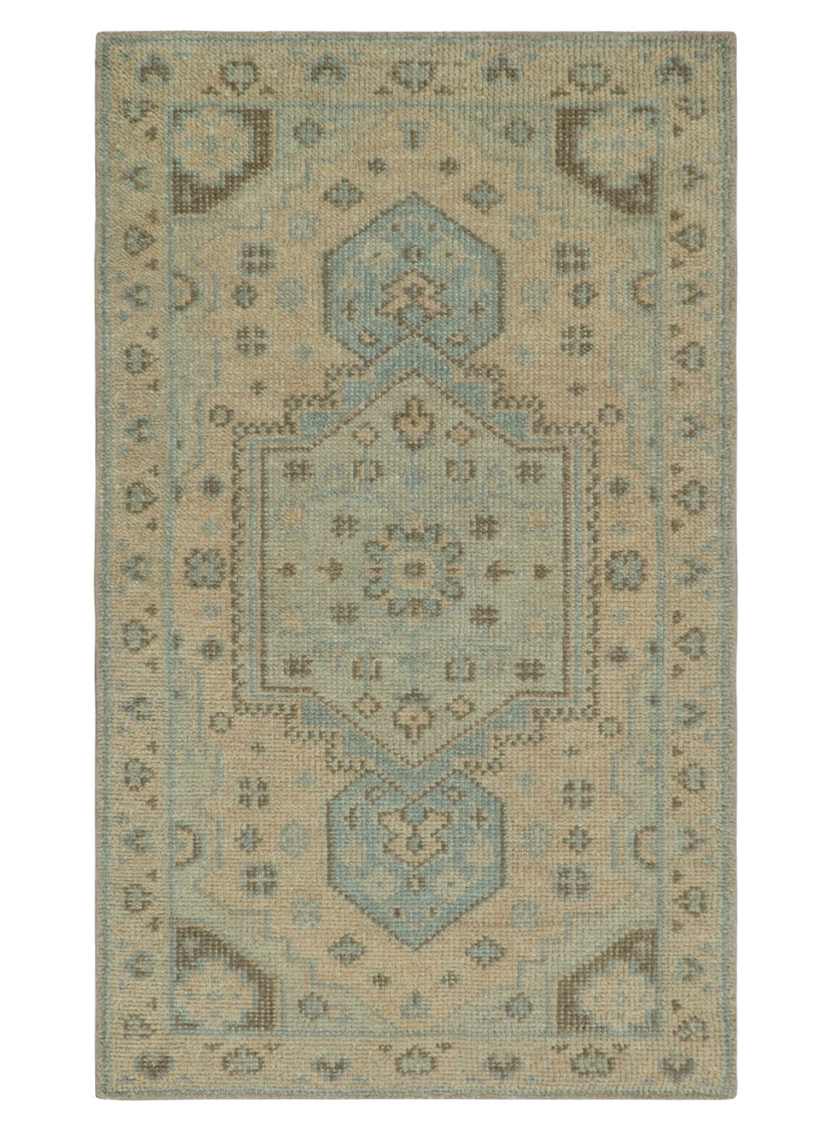 Custom Made Low Pile Hand Knotted Peach and Blue Traditional Design Wool Area Rug