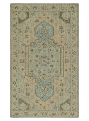 Custom Made Low Pile Hand Knotted Peach and Blue Traditional Design Wool Area Rug