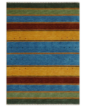 Custom Made Modern Geometrical Blue, Gold, Brown and Green Stripes Design Wool Area Rug