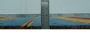 Custom Made Modern Geometrical Blue, Gold, Brown and Green Stripes Design Wool Area Rug