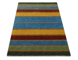 Custom Made Modern Geometrical Blue, Gold, Brown and Green Stripes Design Wool Area Rug
