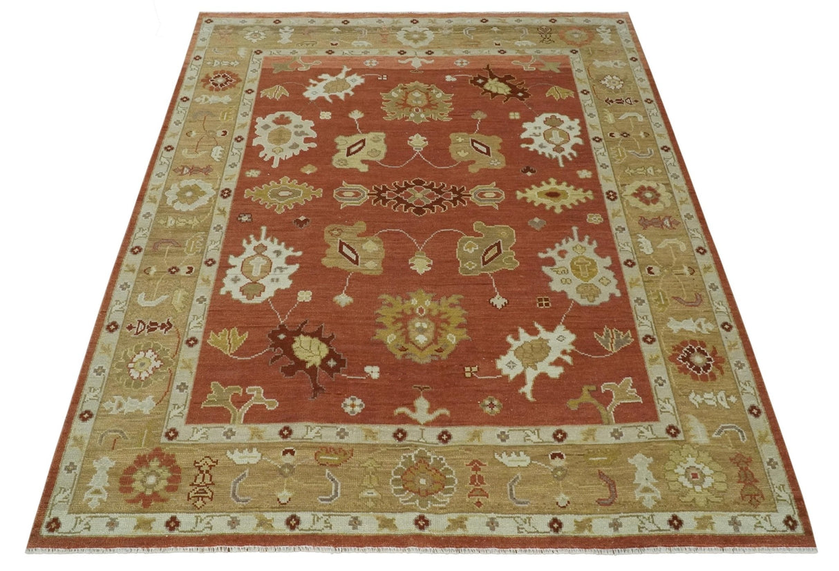 Custom Made Rust, Ivory and Beige Hand Knotted Traditional Oushak Multi Size Wool Area Rug