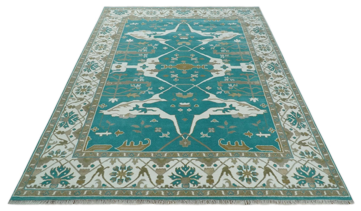 Custom Made Teal and Ivory Hand knotted Oriental Oushak Multi Size wool Area Rug