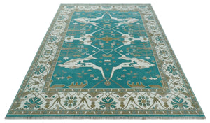Custom Made Teal and Ivory Hand knotted Oriental Oushak Multi Size wool Area Rug