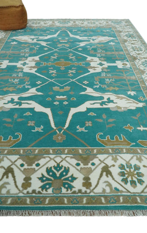 Custom Made Teal and Ivory Hand knotted Oriental Oushak Multi Size wool Area Rug