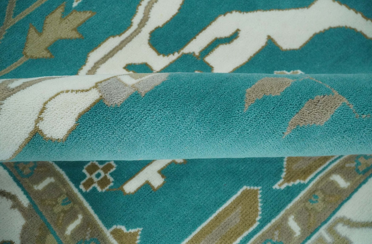 Custom Made Teal and Ivory Hand knotted Oriental Oushak Multi Size wool Area Rug