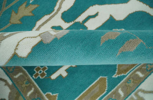 Custom Made Teal and Ivory Hand knotted Oriental Oushak Multi Size wool Area Rug