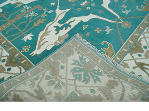 Custom Made Teal and Ivory Hand knotted Oriental Oushak Multi Size wool Area Rug