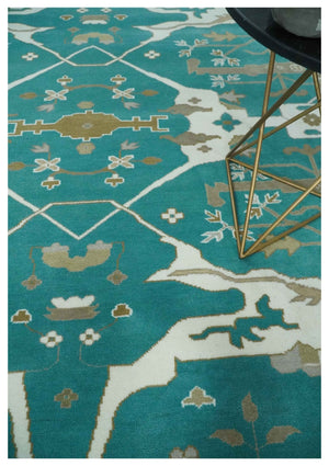 Custom Made Teal and Ivory Hand knotted Oriental Oushak Multi Size wool Area Rug