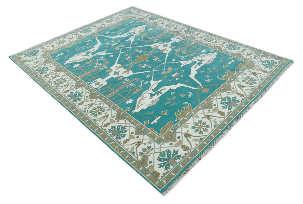 Custom Made Teal and Ivory Hand knotted Oriental Oushak Multi Size wool Area Rug