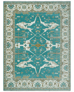 Custom Made Teal and Ivory Hand knotted Oriental Oushak Multi Size wool Area Rug