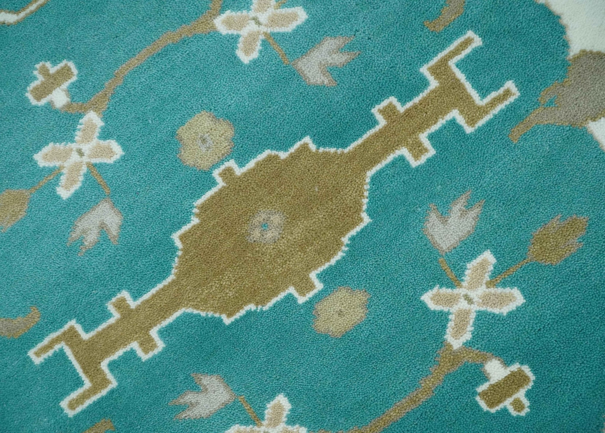 Custom Made Teal and Ivory Hand knotted Oriental Oushak Multi Size wool Area Rug