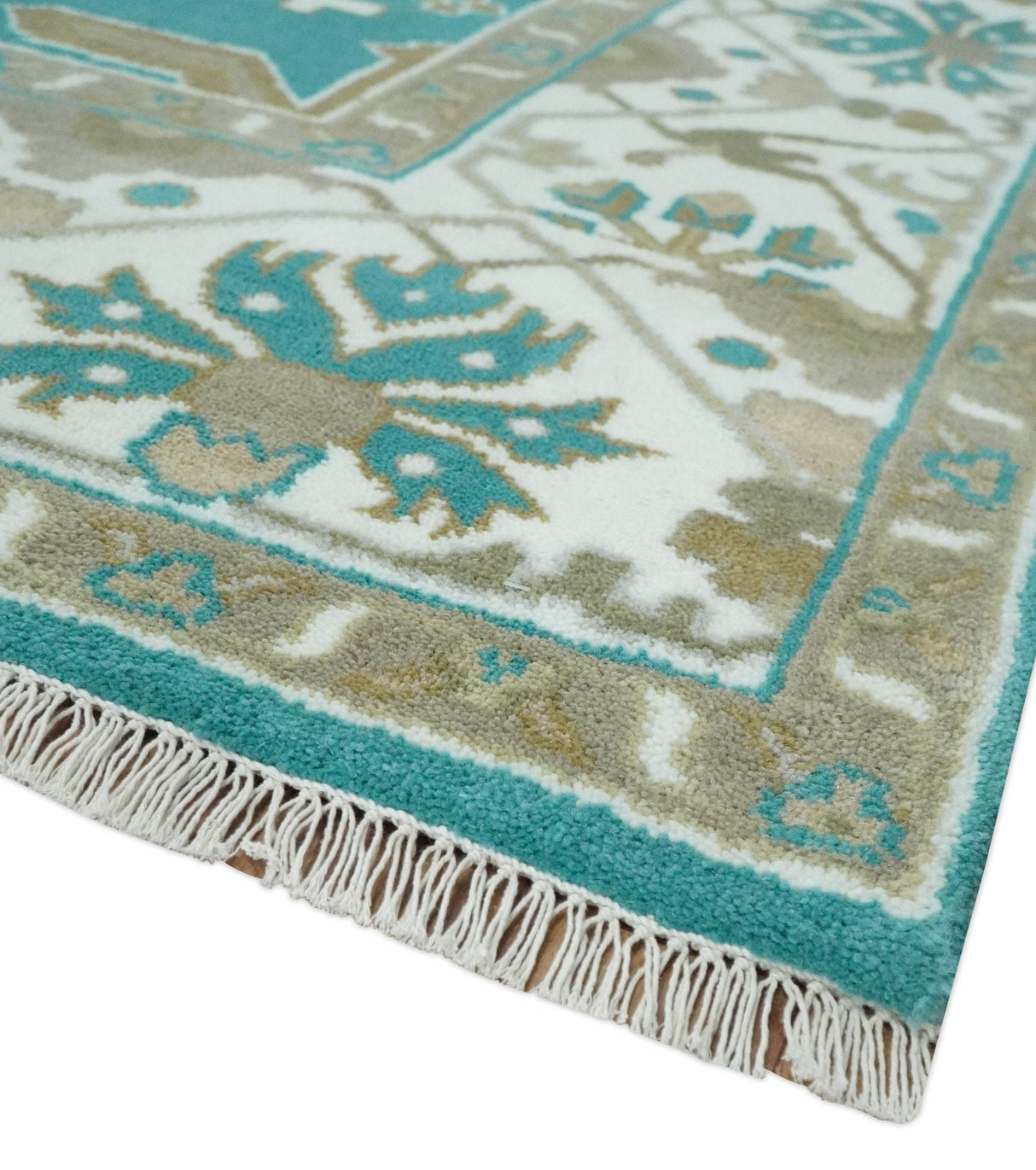 Custom Made Teal and Ivory Hand knotted Oriental Oushak Multi Size wool Area Rug