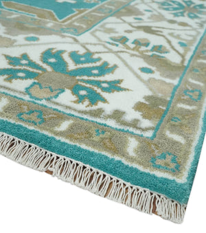 Custom Made Teal and Ivory Hand knotted Oriental Oushak Multi Size wool Area Rug