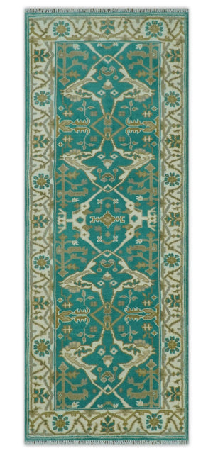 Custom Made Teal and Ivory Hand knotted Oriental Oushak Multi Size wool Area Rug