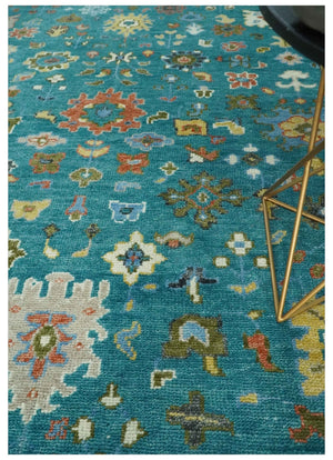 Custom Made Teal and Ivory Hand knotted Traditional Oushak wool Area Rug