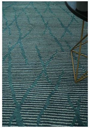 Custom Made Teal and Ivory Modern Stripes Design Hand Knotted wool Area Rug