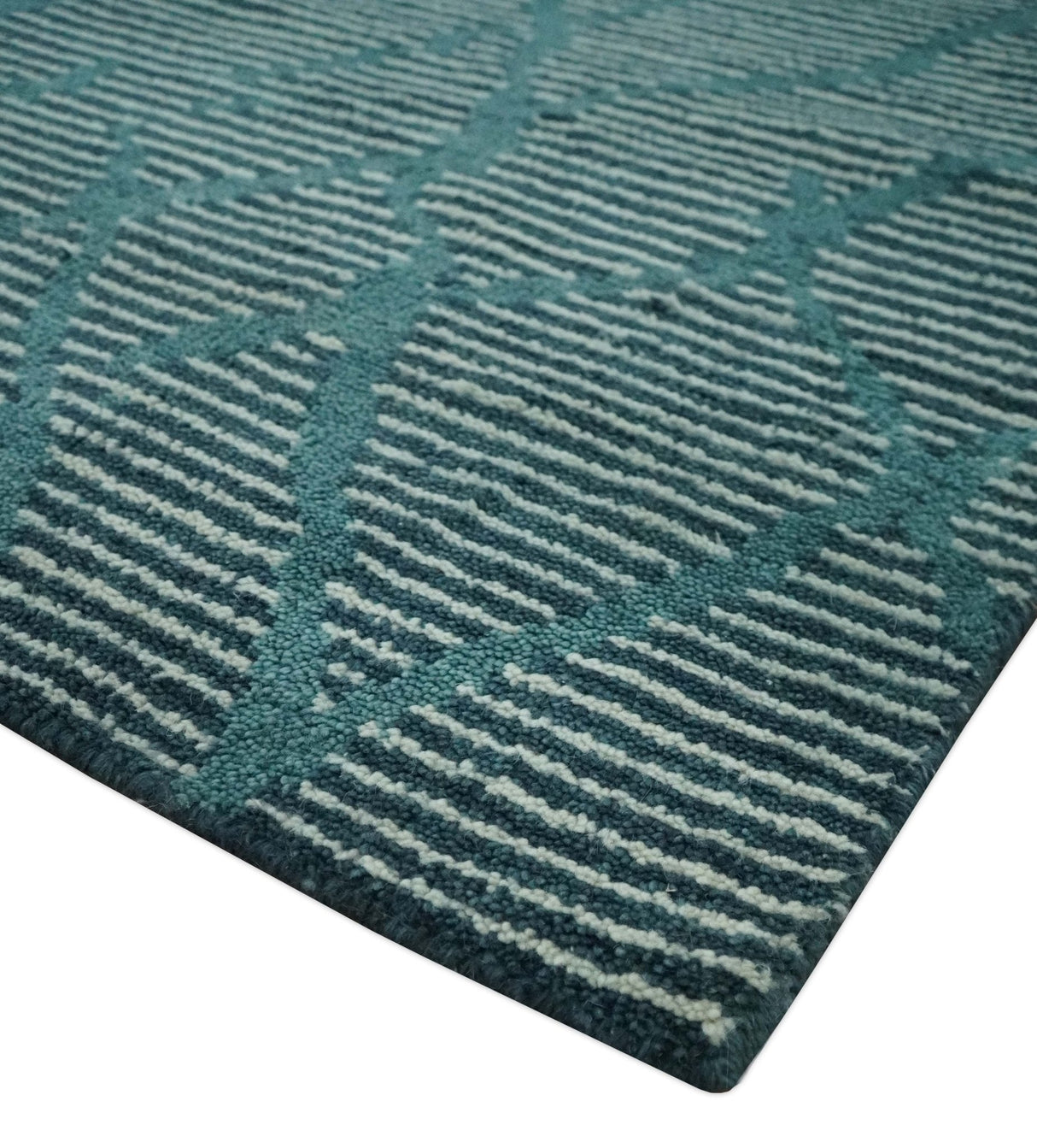 Custom Made Teal and Ivory Modern Stripes Design Hand Knotted wool Area Rug