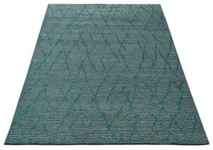 Custom Made Teal and Ivory Modern Stripes Design Hand Knotted wool Area Rug