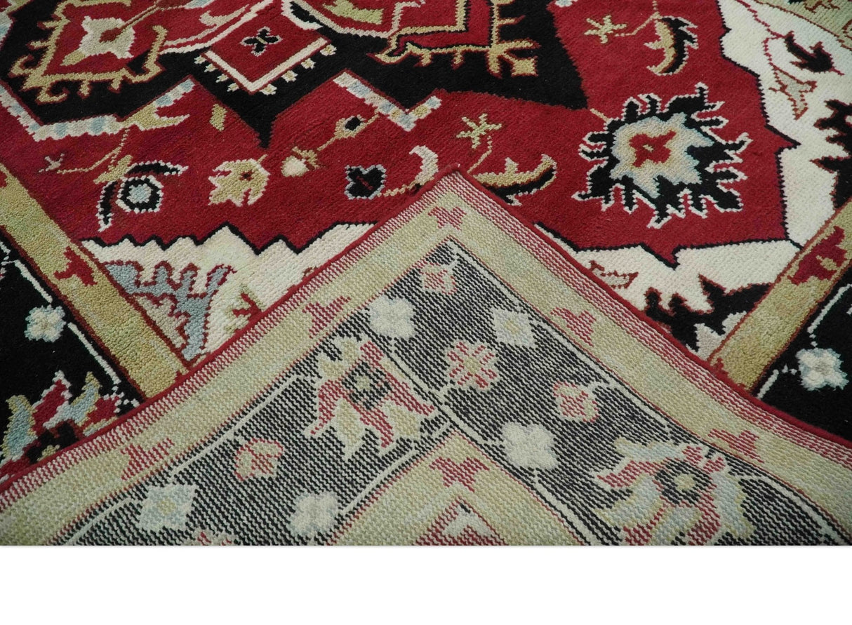 Custom Made Traditional Heriz Maroon, Olive and Black Floral Hand Knotted wool Rug
