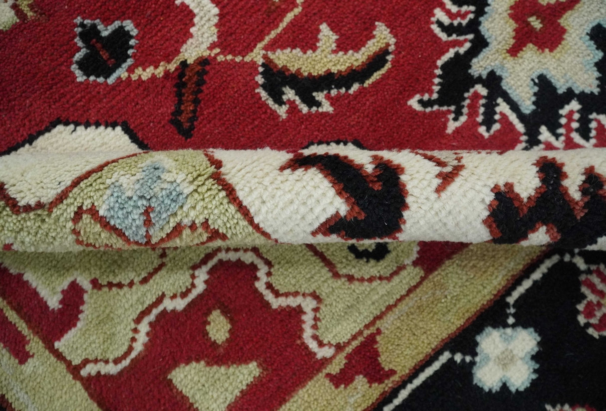 Custom Made Traditional Heriz Maroon, Olive and Black Floral Hand Knotted wool Rug