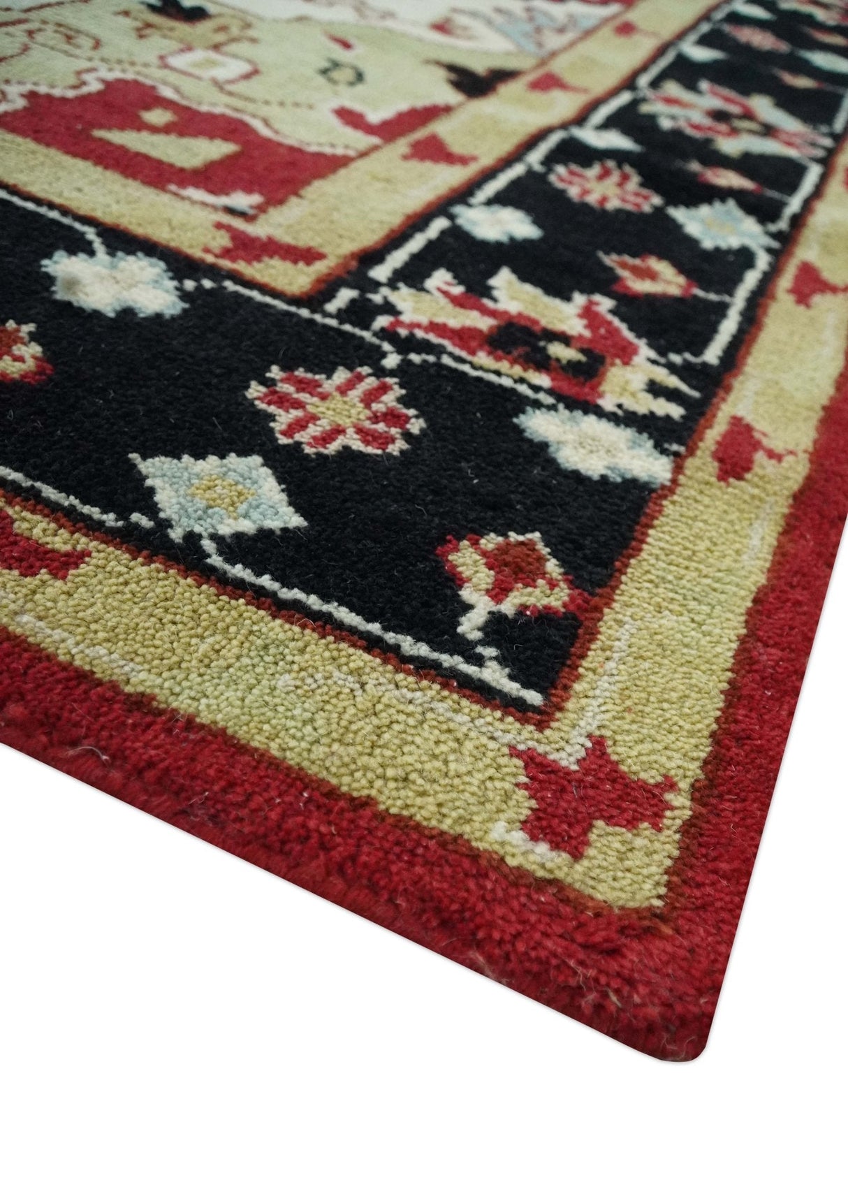 Custom Made Traditional Heriz Maroon, Olive and Black Floral Hand Knotted wool Rug