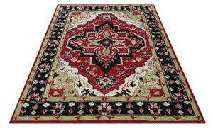 Custom Made Traditional Heriz Maroon, Olive and Black Floral Hand Knotted wool Rug