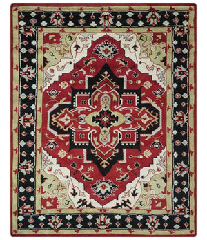 Custom Made Traditional Heriz Maroon, Olive and Black Floral Hand Knotted wool Rug