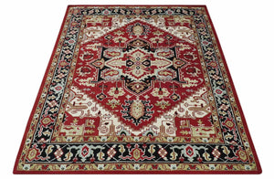 Custom Made Traditional Heriz Rust, Ivory, Black and Beige Hand knotted Medallion Wool Area Rug