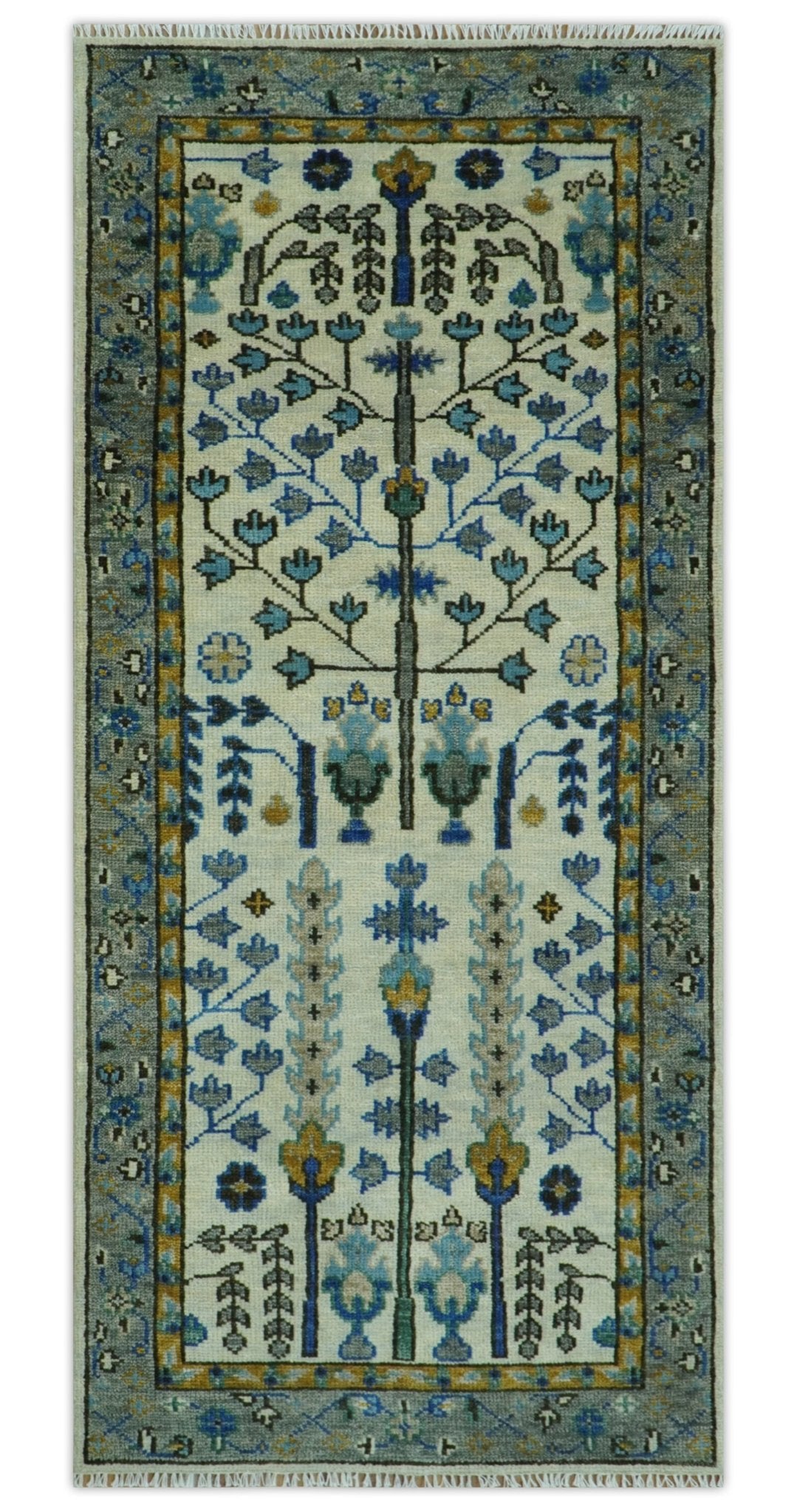 Custom Made Tree of life Hand Knotted Antique Ivory, Blue and Gray Traditional Oushak Wool area Rug