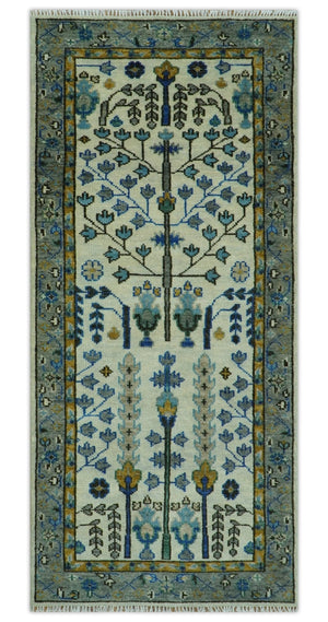 Custom Made Tree of life Hand Knotted Antique Ivory, Blue and Gray Traditional Oushak Wool area Rug