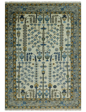 Custom Made Tree of life Hand Knotted Antique Ivory, Blue and Gray Traditional Oushak Wool area Rug