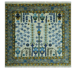 Custom Made Tree of life Hand Knotted Antique Ivory, Blue and Gray Traditional Oushak Wool area Rug