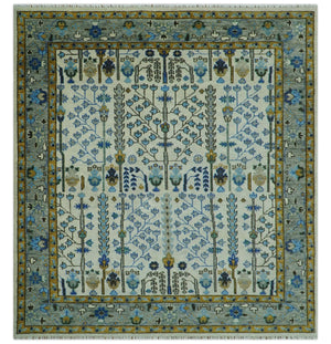 Custom Made Tree of life Hand Knotted Antique Ivory, Blue and Gray Traditional Oushak Wool area Rug