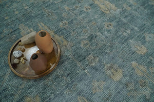 Custom Made Tree of Life Hand Knotted Teal and Beige Traditional Oushak Wool Area Rug