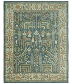 Custom Made Tree of life Traditional Teal, Silver, Green and Dark Peach wool Rug