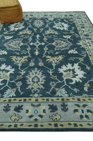 Dark Teal, Silver, Blue and Ivory Hand Knotted Traditional Oushak Multi Size Area Rug