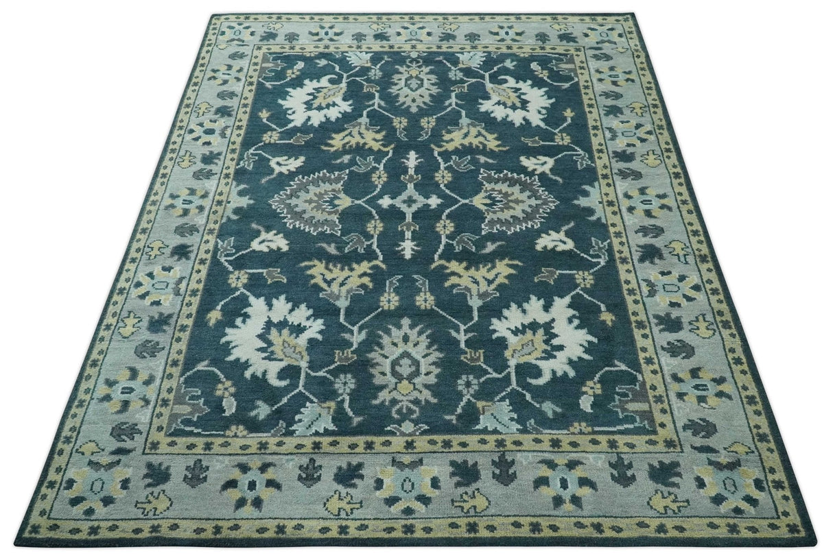 Dark Teal, Silver, Blue and Ivory Hand Knotted Traditional Oushak Multi Size Area Rug