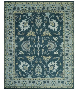Dark Teal, Silver, Blue and Ivory Hand Knotted Traditional Oushak Multi Size Area Rug