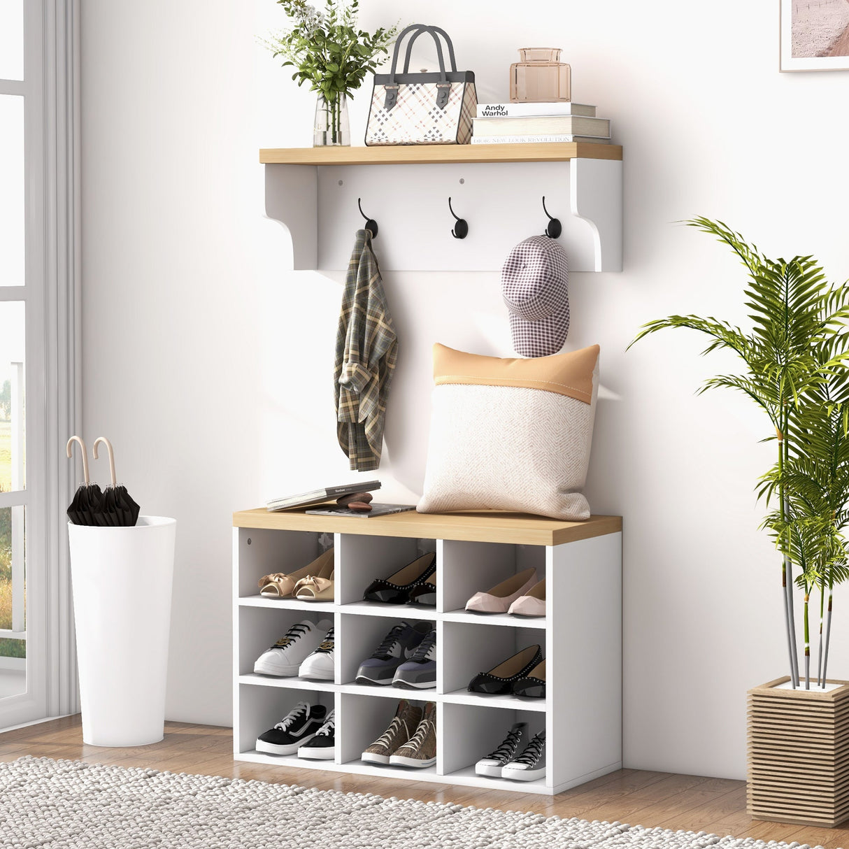 Walker Edison | Entryway 2-in-1 Coat Rack and Shoe Bench Set
