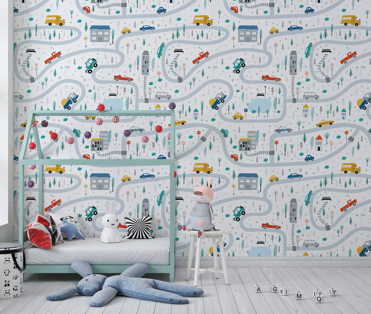 Playroom Wallpaper for Boy's Room | Cars, Roads, Houses