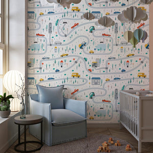Playroom Wallpaper for Boy's Room | Cars, Roads, Houses
