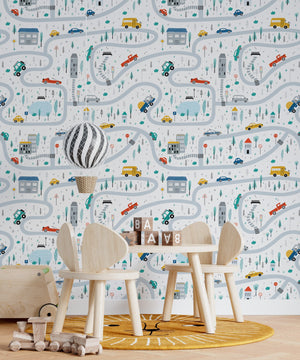 Playroom Wallpaper for Boy's Room | Cars, Roads, Houses