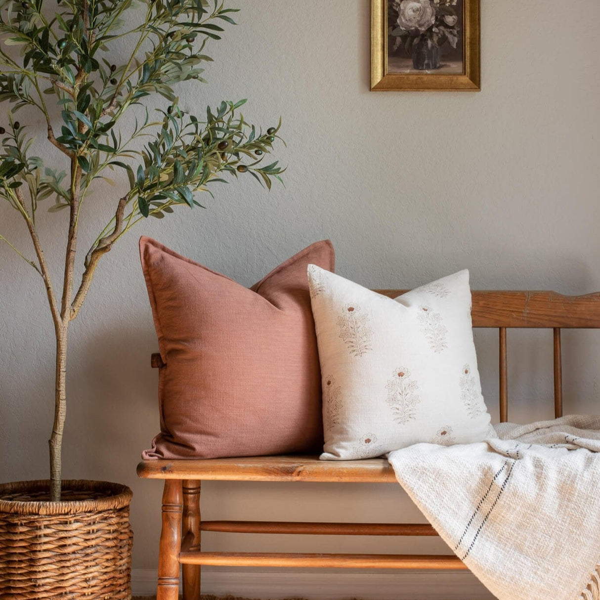 Ella Floral Block Printed Pillow Cover | Light Brown + Terracotta Detail