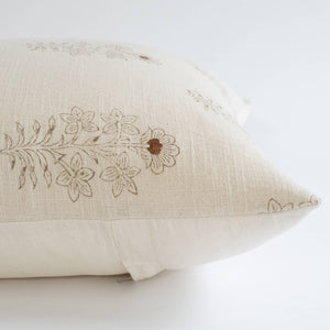 Ella Floral Block Printed Pillow Cover | Light Brown + Terracotta Detail