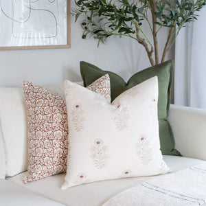 Ella Floral Block Printed Pillow Cover | Light Brown + Terracotta Detail