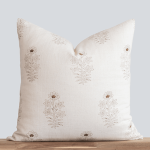 Ella Floral Block Printed Pillow Cover | Light Brown + Terracotta Detail
