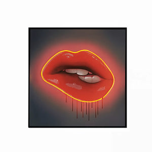 Red Lips LED Wall Art | Lip Biting Red LED Canvas with Paint Drip
