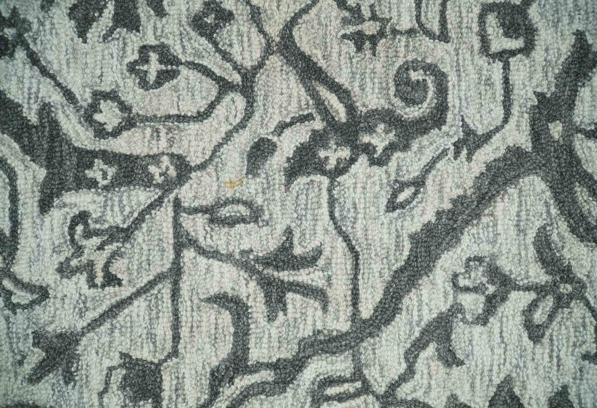 Floral Ivory and Charcoal Wool Hand Woven Layering Multi Size Area Rug